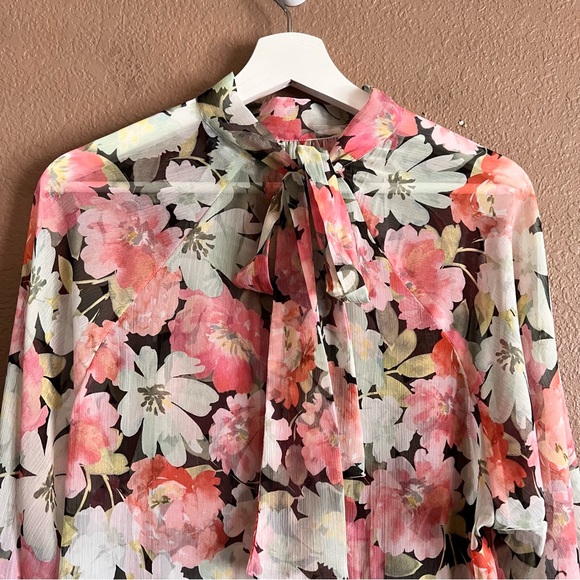 Zara Sheer Longe Sleeve Floral Back Tie Blouse Size XL - Picture 10 of 10